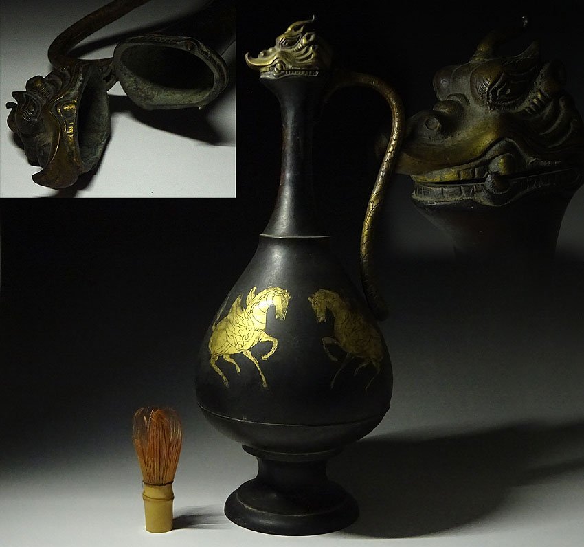 緑屋h□ 古美術品 銅製 鍍金 竜首 水瓶 胡瓶 浄瓶 高約49cm 正倉院宝物