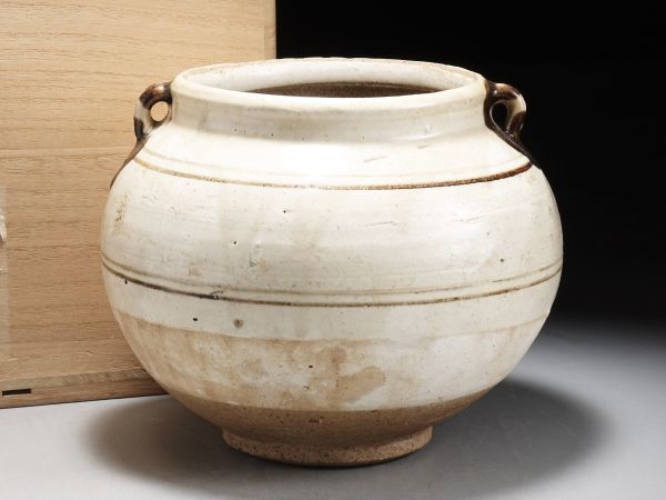897V. 時代朝鮮美術 絵高麗 線文 双耳 壺 合箱 / 陶器陶芸古美術時代