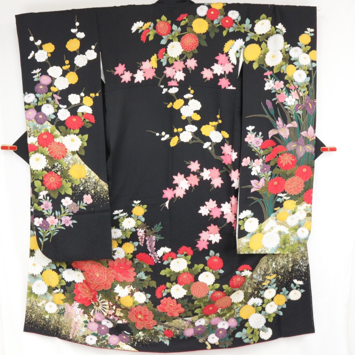 良品 豪華 振袖 花紗綾形地紋に 汕頭刺繍 金彩 金糸の 豪華な花々 成人