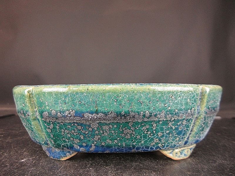 常滑焼 盆栽鉢 陶陽 楕円形陶器 約20cm 緑色 中古盆栽鉢 常滑