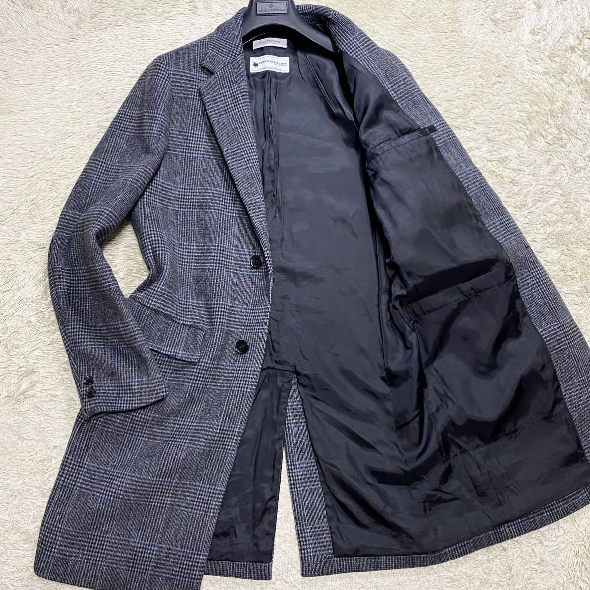 美品 ユナイテッドアローズ EXTRA FINE WOOL120，S チェスターコート Mサイズ グレンチェック カシミヤタッチ グレー メンズ UNITED ARROWS