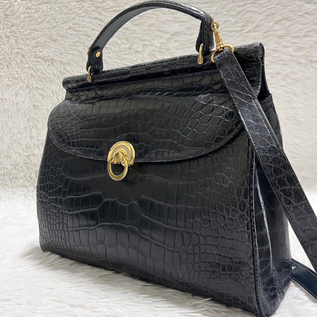 美品 GENUINE G金具 クロコダイル 本 ワニ 革 2way ハンド バッグ 