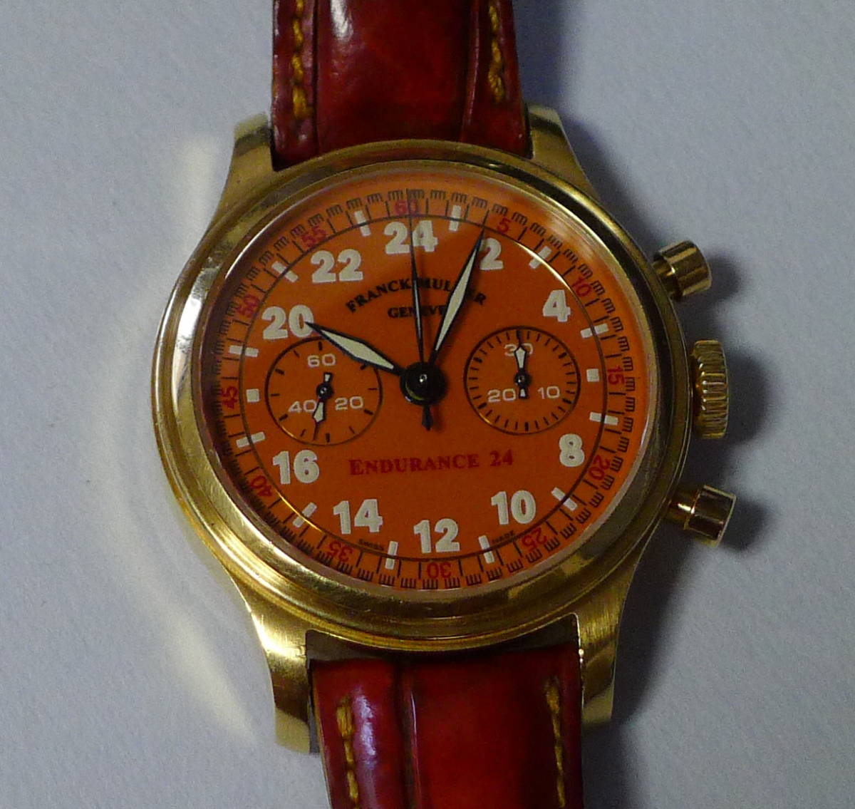 送料無料◆FRANCK MULLER ENDURANCE24 / フランク・ミュラー・エンデュランス24クロノグラフ18KYG手巻き、純正ベルト・尾錠・内外箱付◆