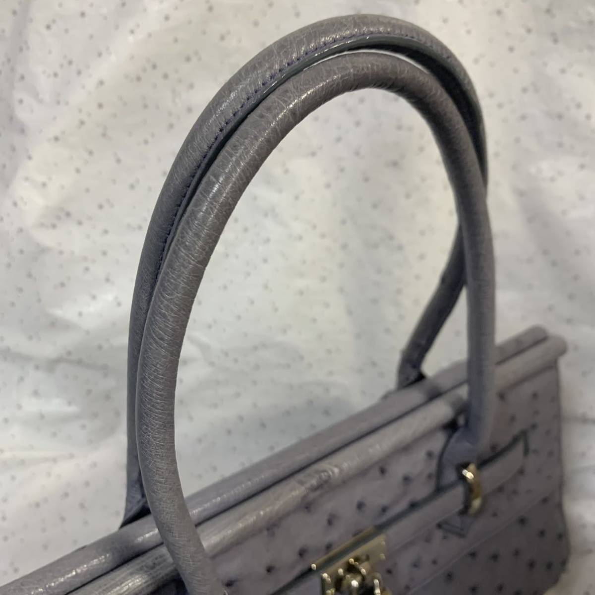 Y059 サンポー オーストリッチ レザー ハンド バッグ グレー【良品 