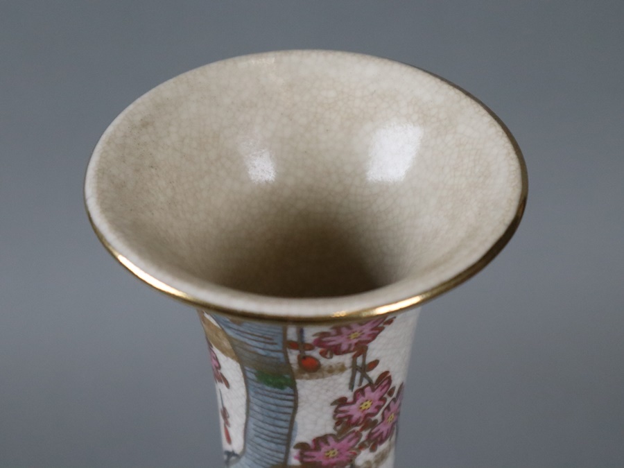 薩摩焼 薩摩 金彩色絵桜花御所車図花瓶 高47，5cm 置物 飾壷 細密