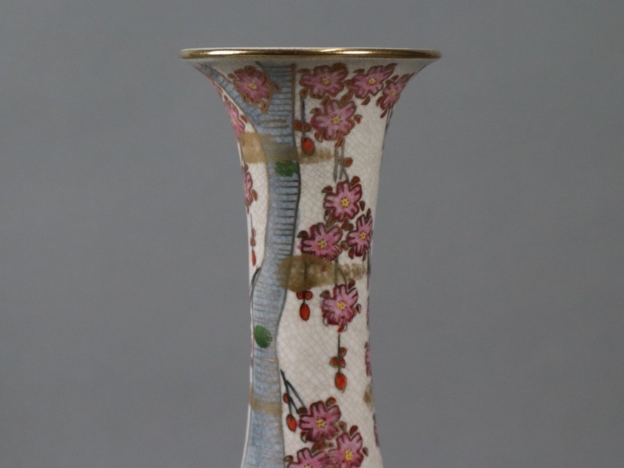 薩摩焼 薩摩 金彩色絵桜花御所車図花瓶 高47，5cm 置物 飾壷 細密