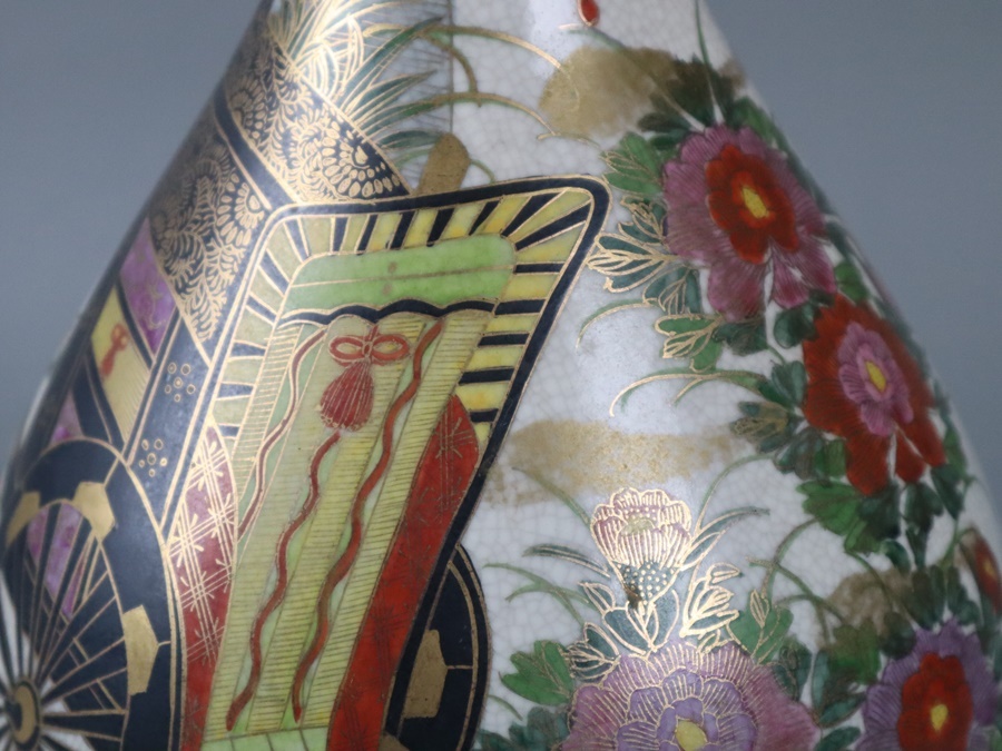 薩摩焼 薩摩 金彩色絵桜花御所車図花瓶 高47，5cm 置物 飾壷 細密