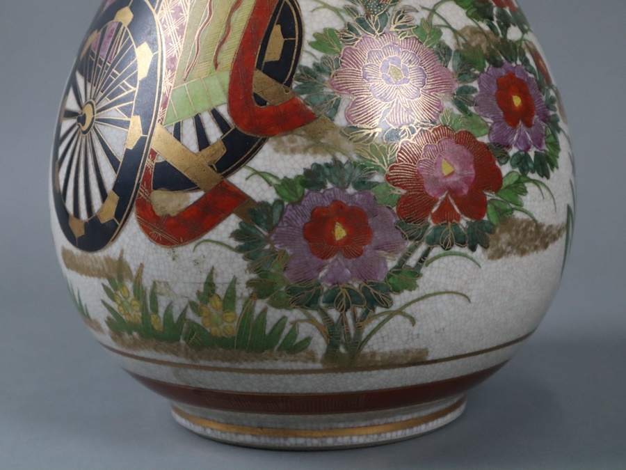 薩摩焼 薩摩 金彩色絵桜花御所車図花瓶 高47，5cm 置物 飾壷 細密