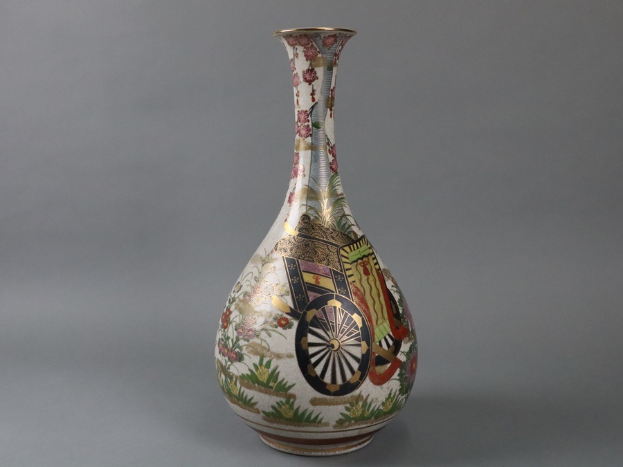 薩摩焼 薩摩 金彩色絵桜花御所車図花瓶 高47，5cm 置物 飾壷 細密