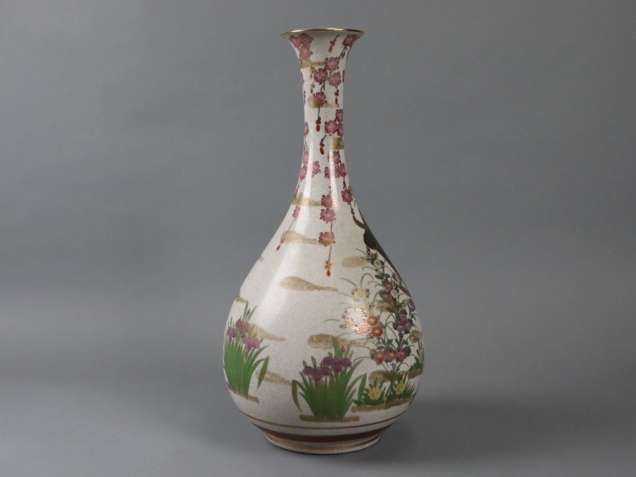 薩摩焼 薩摩 金彩色絵桜花御所車図花瓶 高47，5cm 置物 飾壷 細密
