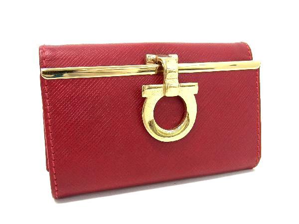 1円 ■美品■ Salvatore Ferragamo サルヴァトーレフェラガモ IR-224627 ガンチーニ レザー 6連 キーケース 鍵入れ レッド系 AU4185