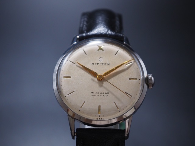 デッドストック　未使用　シチズン　変わり文字盤　新本中三針　S中三針　15石　PHYNOX　稼働品　1950年代　当時物紙タグ　新品ベルト付