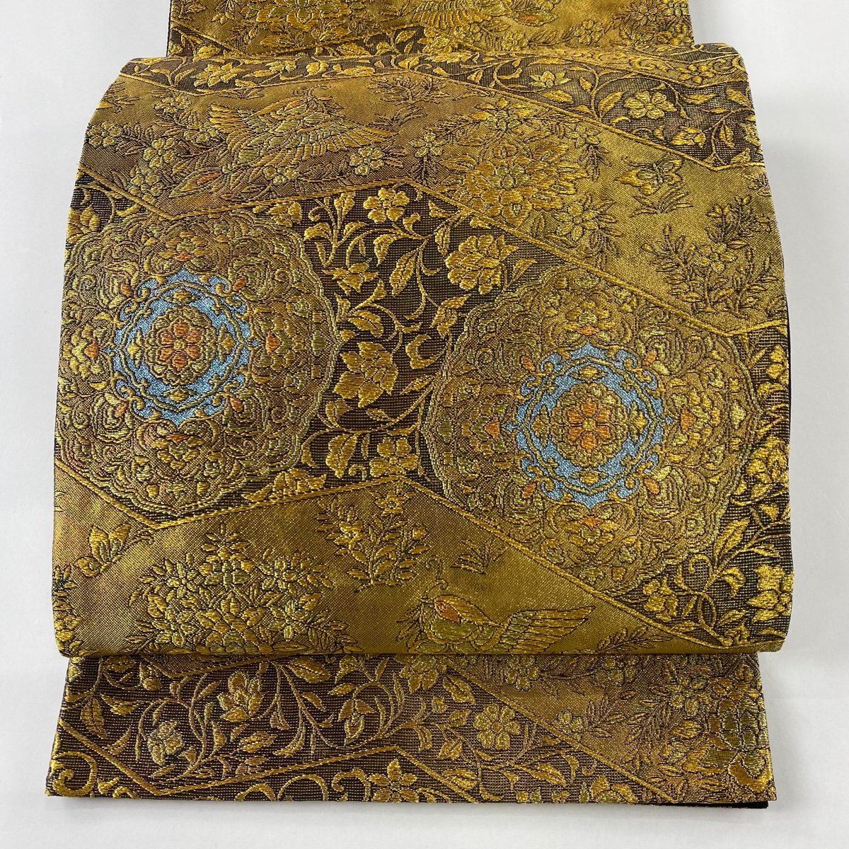 袋帯 美品 秀品 華文 花喰い鳥 箔 金糸 金色 六通 正絹 【中古】 袋帯