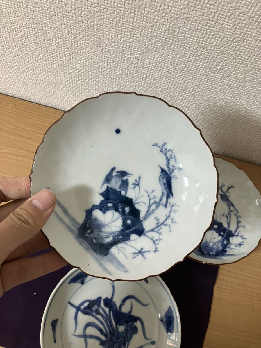 時代古美術 【委】古染付皿3枚 成化年製銘 古