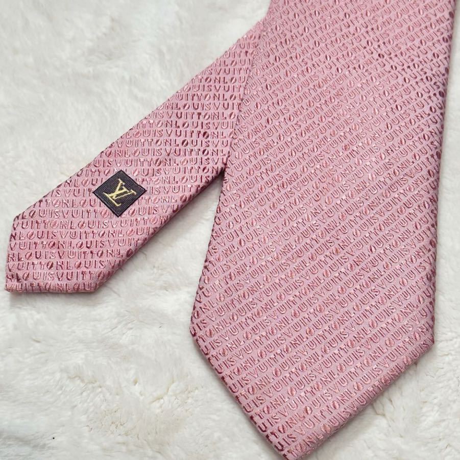 正規品 極美品 希少デザイン ルイヴィトン ネクタイ ロゴ ピンク 総柄