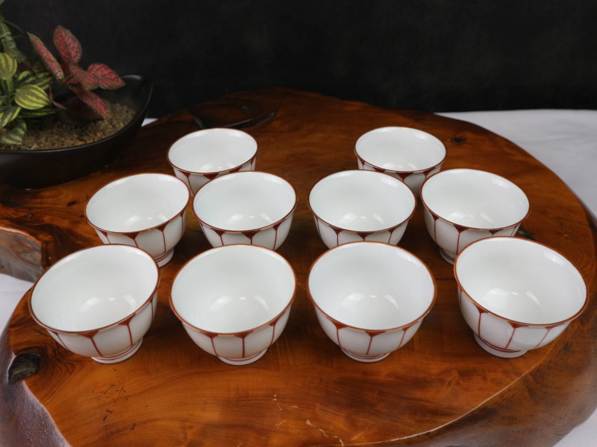 煎茶道具 賣茶好 染付 雁木文 茶碗 五客 共箱 V 7899