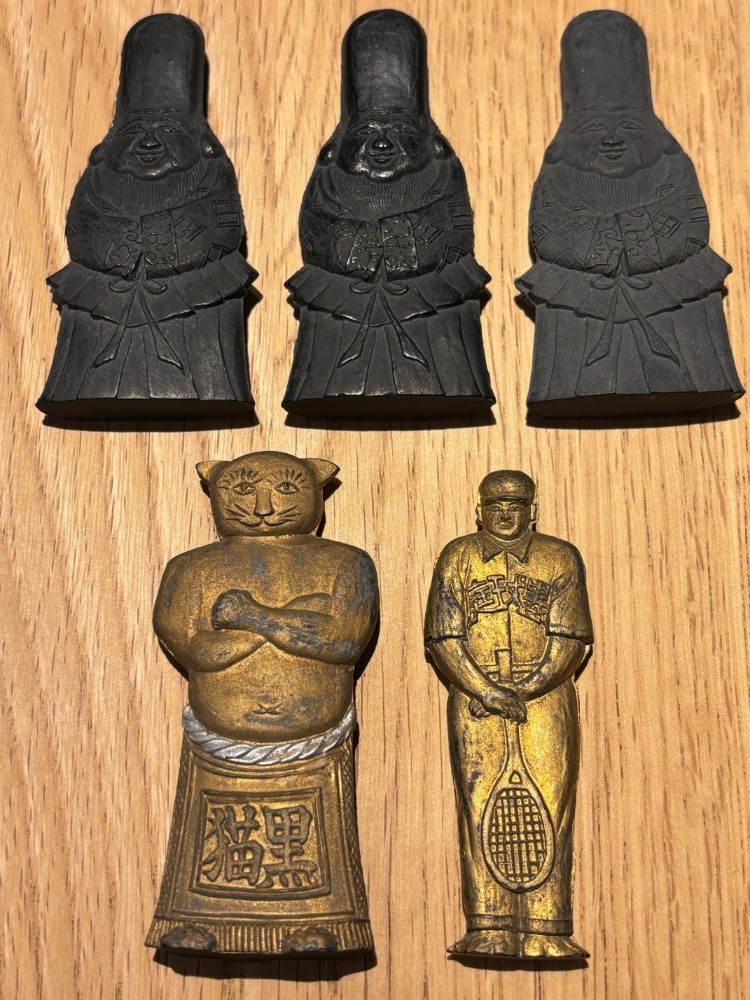 珍品 古墨 猫 庭球 福禄寿 5丁 人形 黒猫 相撲 テニス 寿老人 七福神 