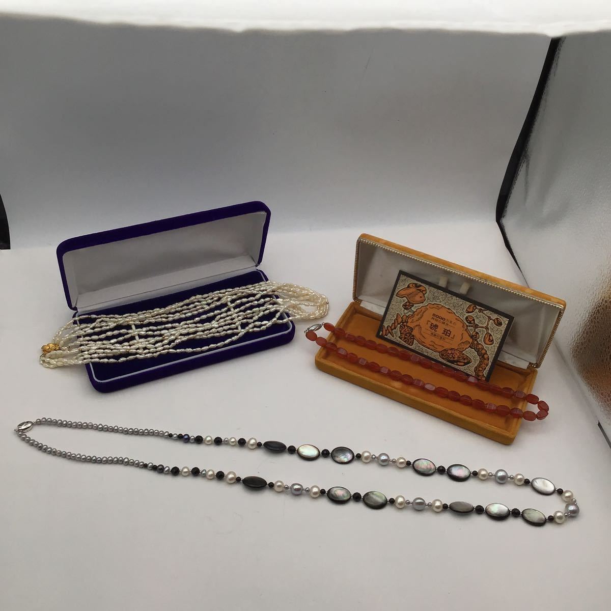 （宝）【同梱可】アクセサリー ネックレス パール 琥珀　真珠 天然石　SILVER刻印 3点おまとめ