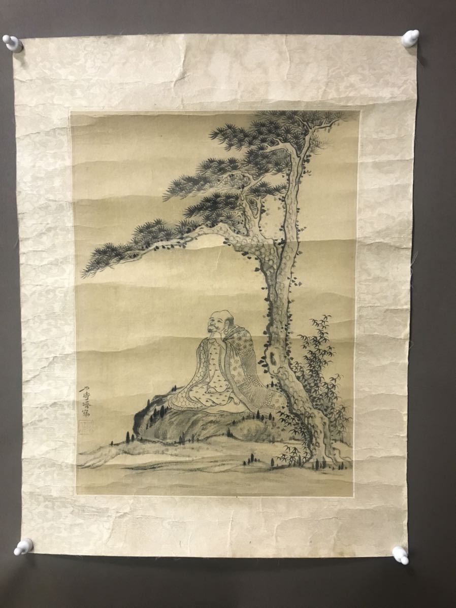 中国古美術・旧藏・明代風・丁雲鵬款・仏像図・絹本・中堂掛軸・純