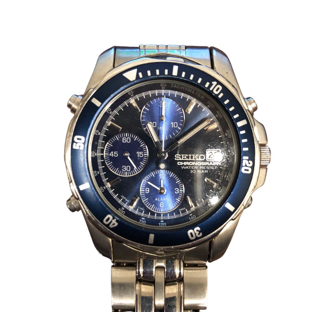 SEIKO クロノグラフ デイト メンズ 腕時計 1386. 965 SEIKO セイコー QZ Y182-6F00 クロノ デイト 青文字盤 メンズ