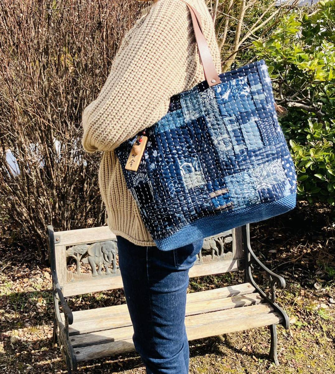 1000円スタート】chibisix□□ハンドメイド 古布 バッグ□□型染め