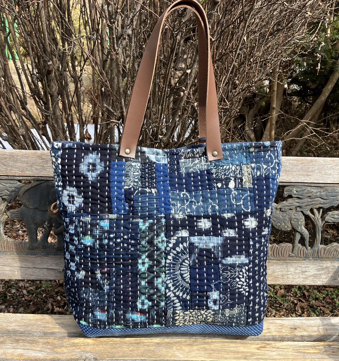 1000円スタート】chibisix□□ハンドメイド 古布 バッグ□□型染め