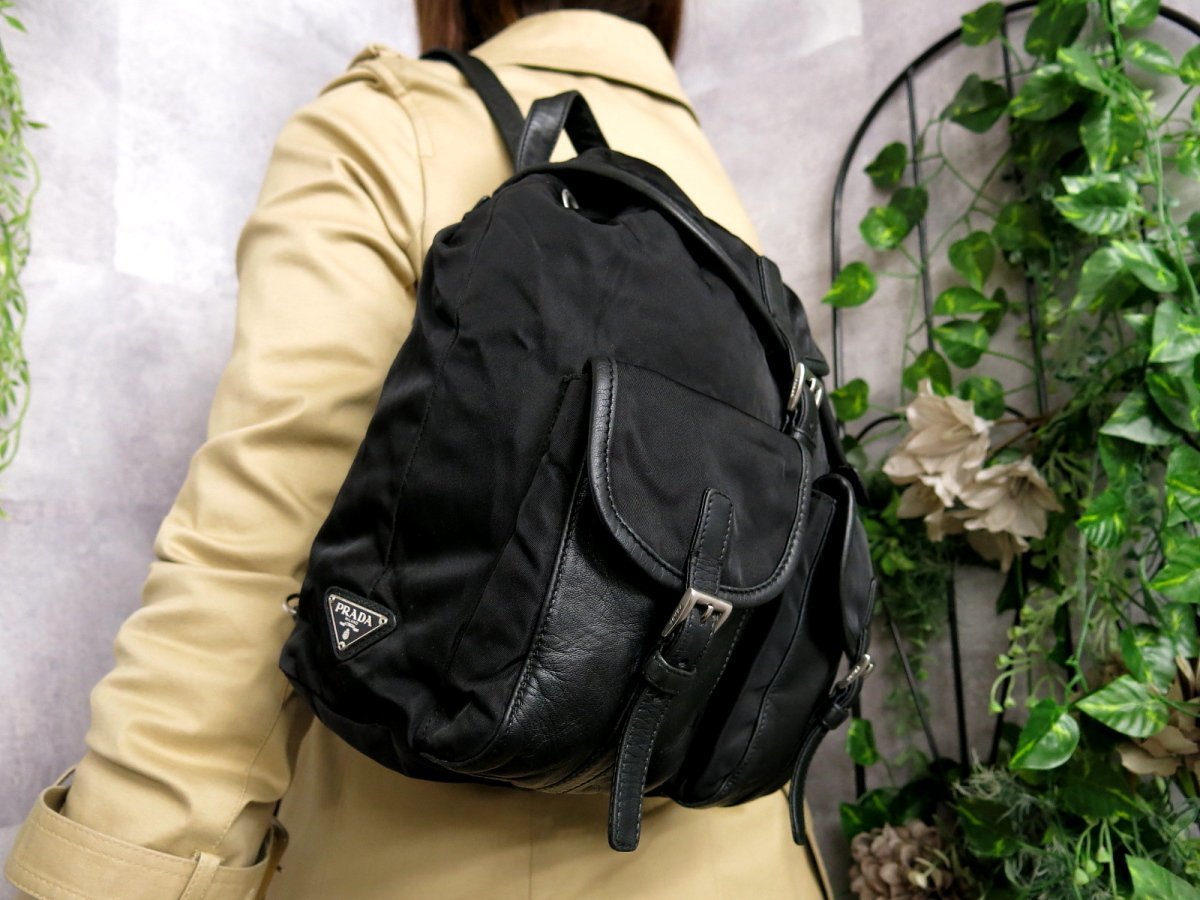 PRADA 　三角ロゴプレート ポコノ ナイロン カーフ レザー リュックサック ○超美品○PRADA プラダ○ポコノ ナイロン ラム レザー 本革○リュック