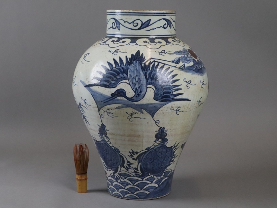 時代朝鮮美術 李朝 白磁 染付 辰砂 松鶴鹿玄武文 壺 花瓶 高42cm