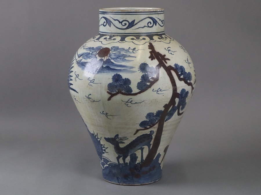 時代朝鮮美術 李朝 白磁 染付 辰砂 松鶴鹿玄武文 壺 花瓶 高42cm