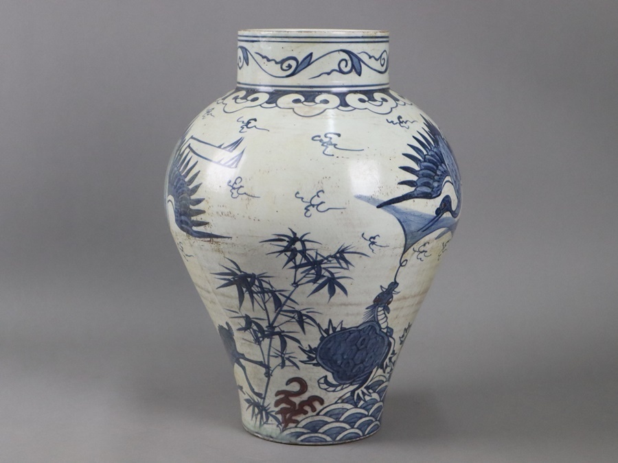 時代朝鮮美術 李朝 白磁 染付 辰砂 松鶴鹿玄武文 壺 花瓶 高42cm