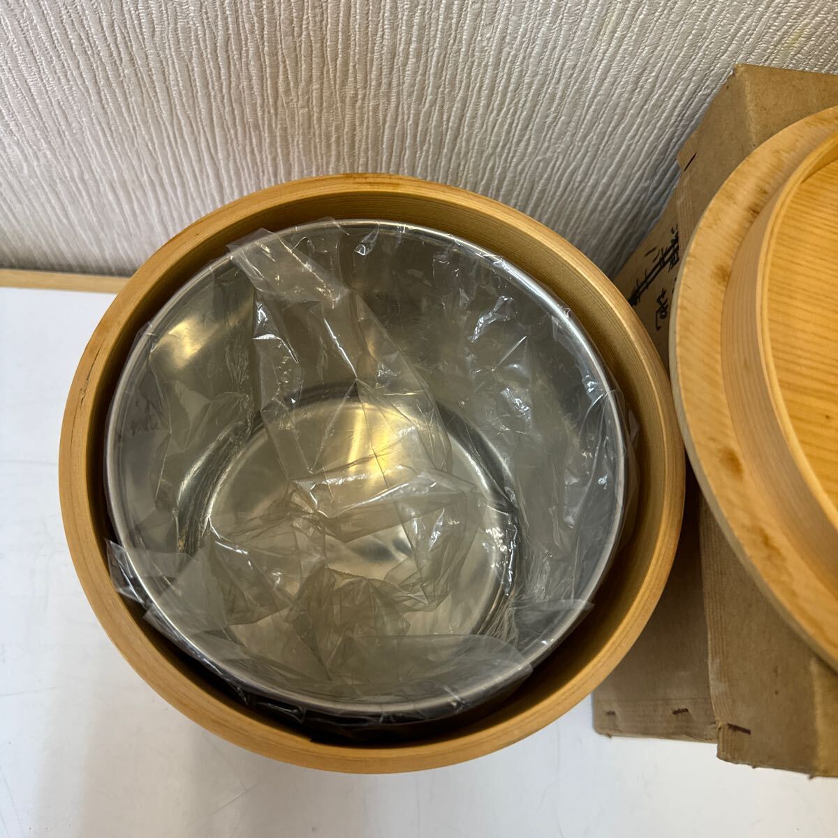 ヤ60 未使用保管品　曲水指 茶道具 杉木地 曲水指 曲物 綴目 箱無 水屋道具 煎茶道具 茶器 水差　お点前 サイズ直径19センチ高さ16.5cm_4