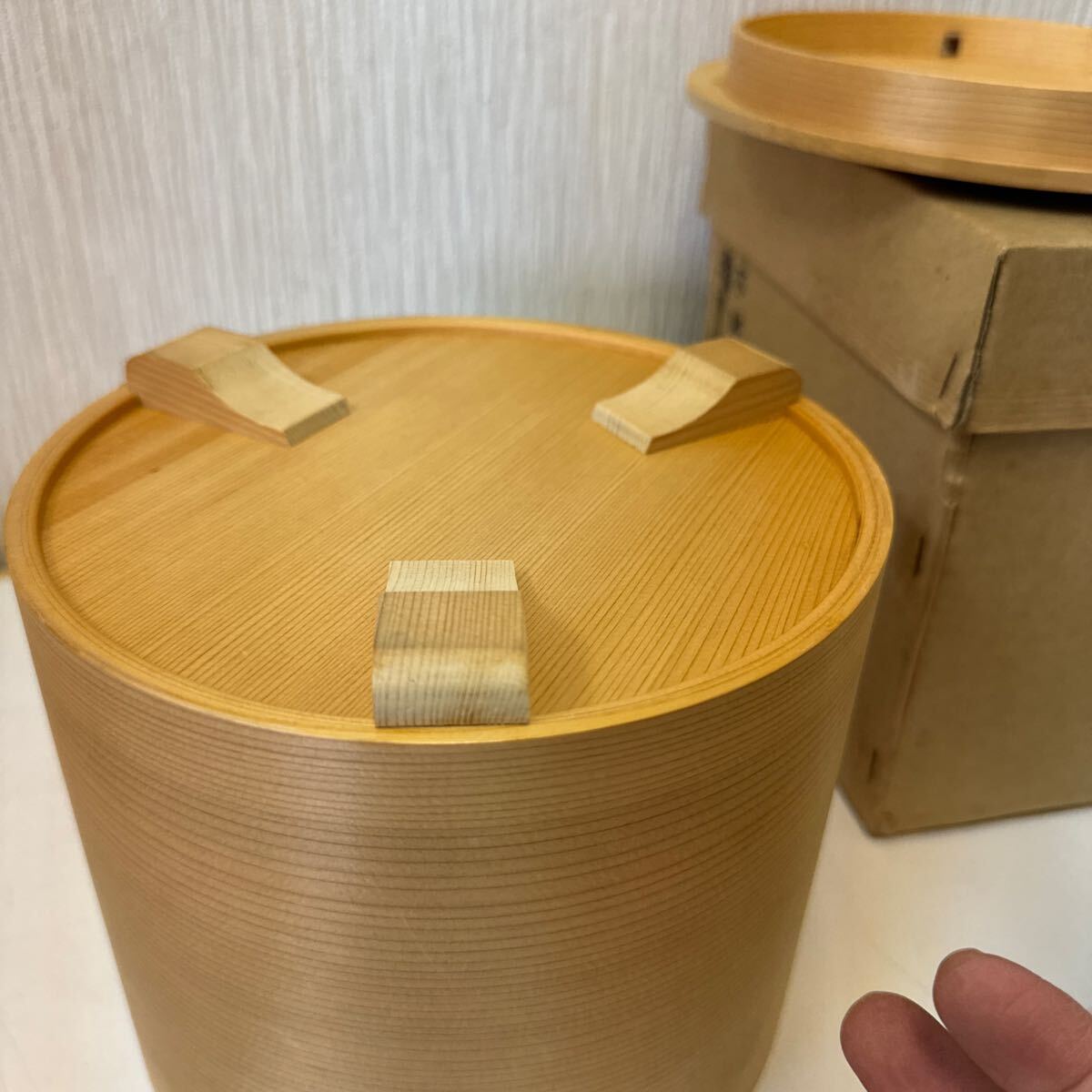 ヤ60 未使用保管品　曲水指 茶道具 杉木地 曲水指 曲物 綴目 箱無 水屋道具 煎茶道具 茶器 水差　お点前 サイズ直径19センチ高さ16.5cm_7
