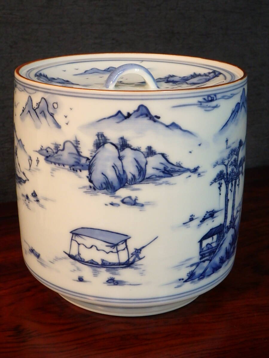 京焼 清水焼 平安 白鳳造 染付山水人物図 水指/水差/水器 直径約14cm