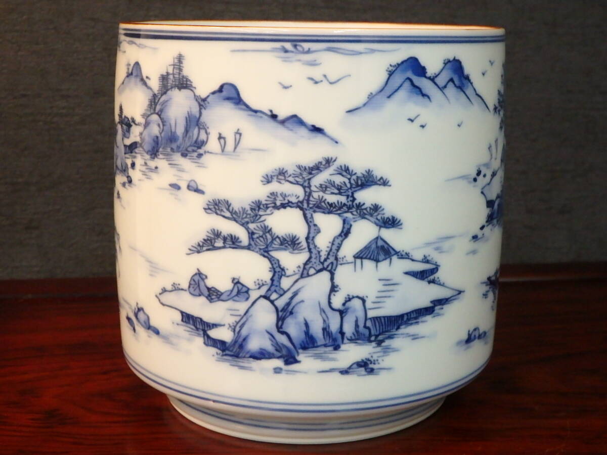 京焼 清水焼 平安 白鳳造 染付山水人物図 水指/水差/水器 直径約14cm