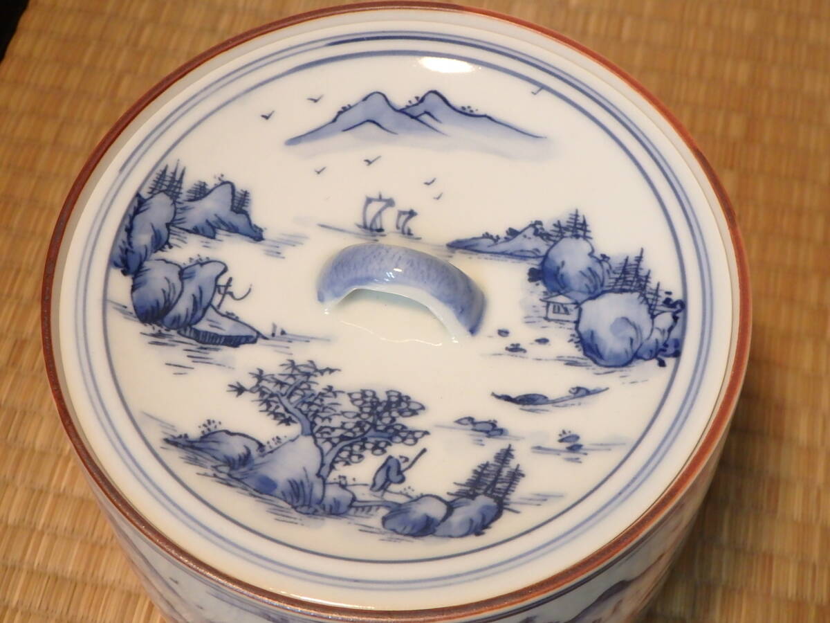 京焼 清水焼 平安 白鳳造 染付山水人物図 水指/水差/水器 直径約14cm