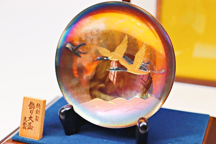 金工 光則作 純銀 刻印 日の出に鶴松陰刻 飾り大盃 約88g 置物