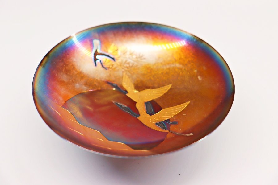 金工 光則作 純銀 刻印 日の出に鶴松陰刻 飾り大盃 約88g 置物