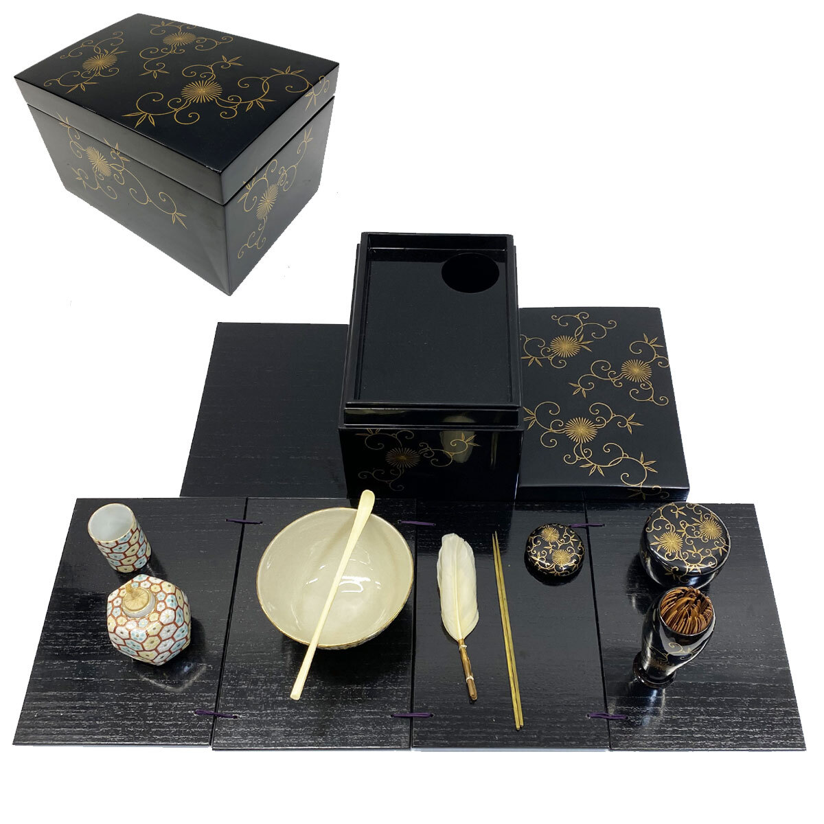 漆器 茶道具茶箱 セット 金色葉模様 茶道具 茶箱 茶箱セット 蒔絵師 春峯 茶碗 棗 茶筅 茶筅筒 香合 器据