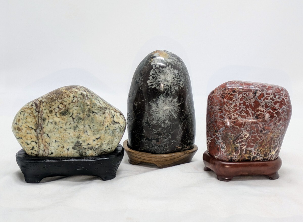 菊花石（根尾）孔雀石（根尾）赤石・赤玉石（秋田） 3石セット 鑑賞石