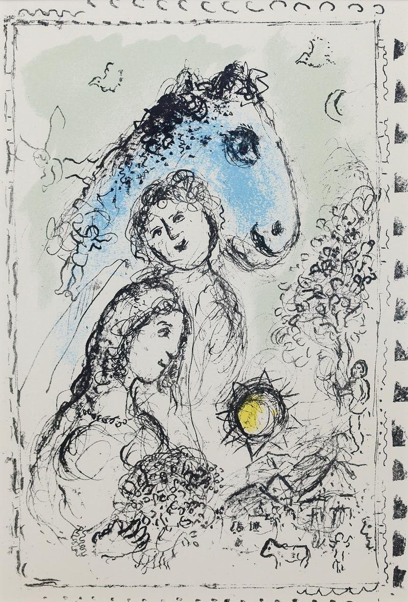 マルク•シャガール Marc Chagall 青い馬とカップル 版画 リトグラフ 真作】【WISH】マルク・シャガール Marc Chagall「青い馬と恋人たち