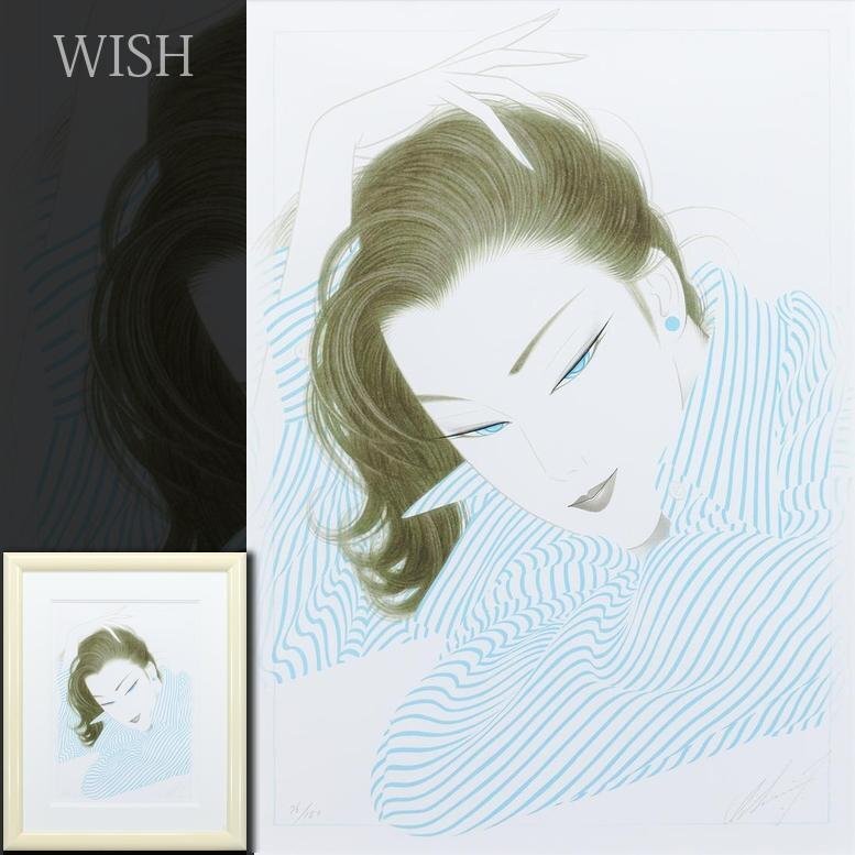 真作】【WISH】鶴田一郎「めざめ」リトグラフ 8号大 直筆サイン ◇美人