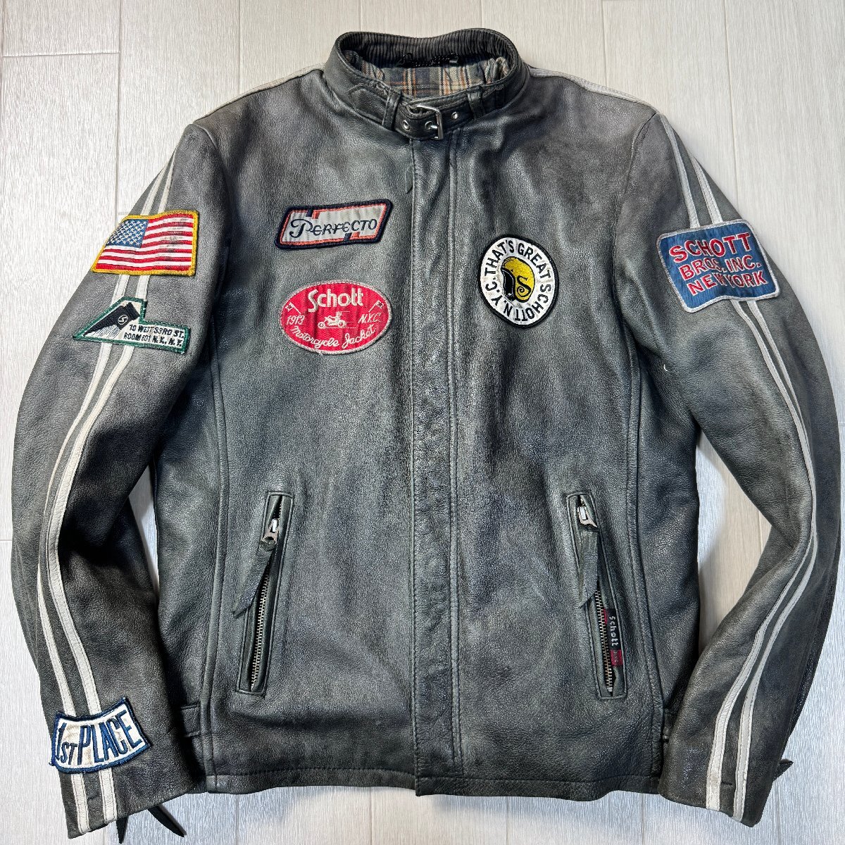 良品/Mサイズ☆ショット/Schott N.Y.C カスタムワッペン 牛革 レザー