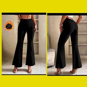 p1★新品XLサイズ★送料無料★裏起毛 美脚ブーツカットパンツ ハイウエストゴム ブラック