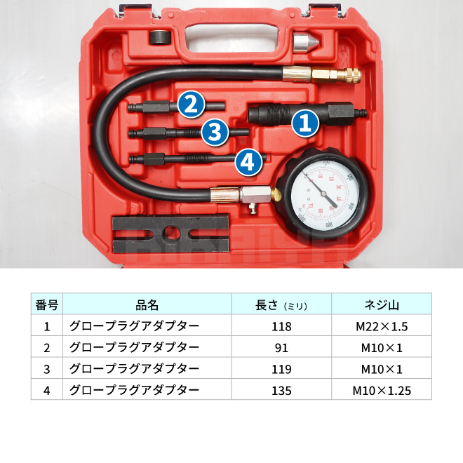 ディーゼルエンジンコンプレッションゲージ Bセット コンプレッションテスター（認証工具） KIKAIYA コンプレッションゲージ KIKAIYA ディーゼルエンジンコンプレッションゲージ STRAIGHT&frasl;ストレート) コンプレッションテスターセット 15-6100