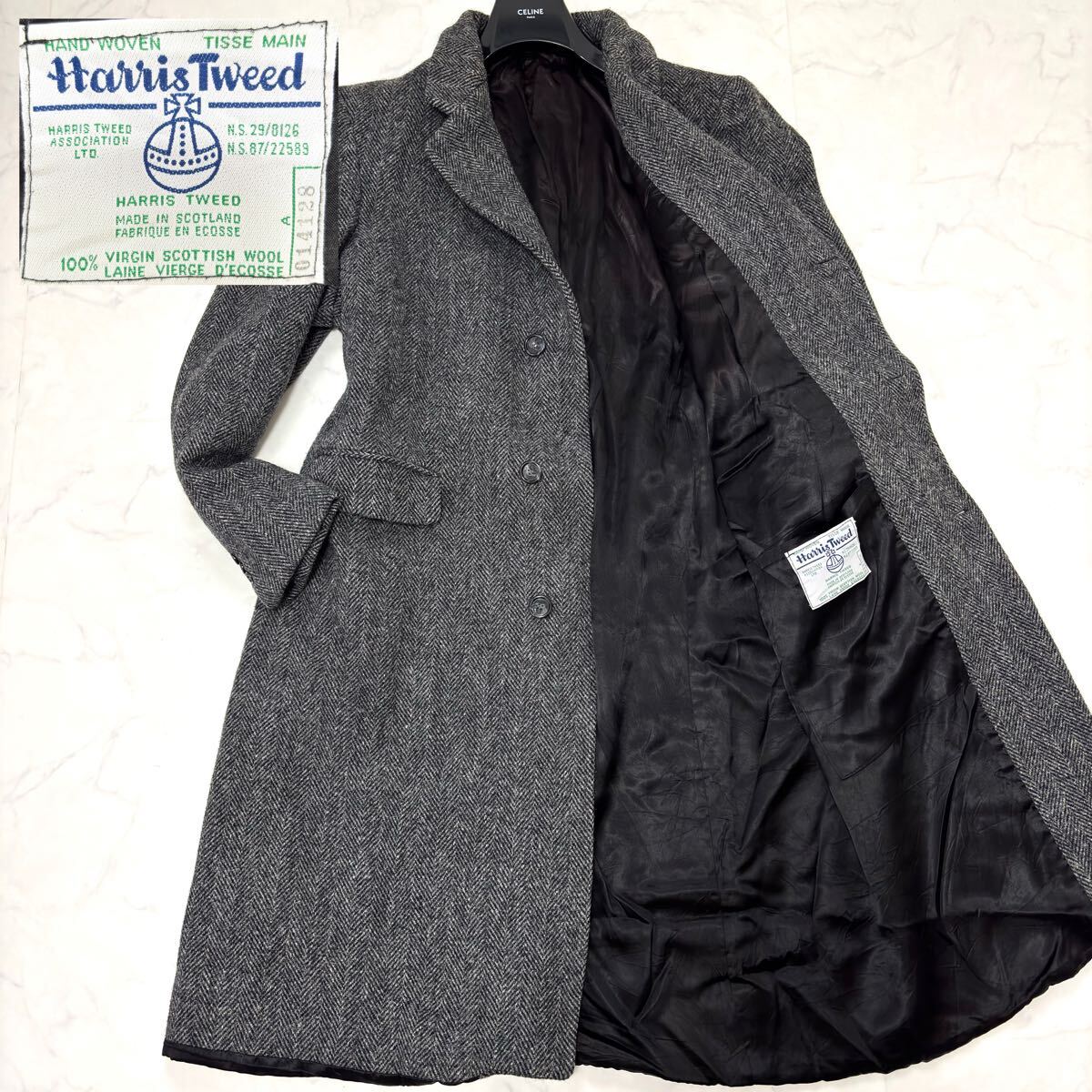 ハリスツイード ロングコート ヘリンボーン グレー 2XL 相当 希少XXLサイズ相当○着丈115cm Harris Tweed ツイードコート