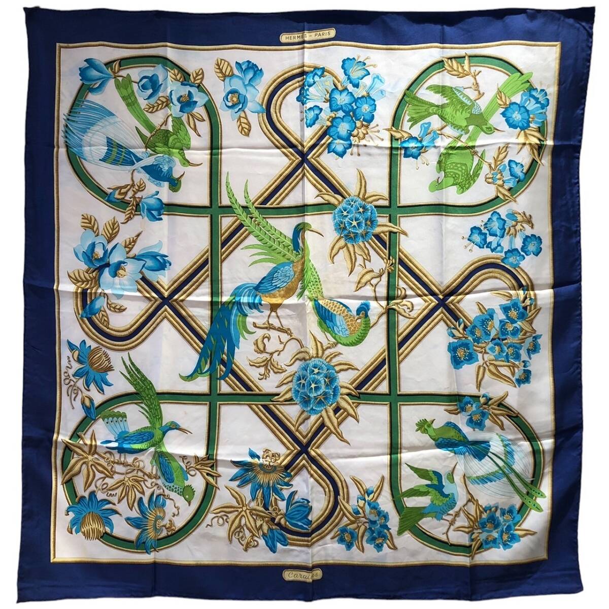 ○HERMES エルメス カレ90 caraibes カリブ ブルー系 シルク100％ 大判