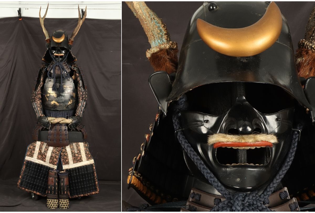 [URA]等身大鎧一式/金銀雲龍文胴/鹿角脇立三日月前立て兜/約174cm/4-1-34　(検索)骨董/飾鎧/兜/武具/甲冑/刀装具/鎧/日本刀/鍔/刀装具