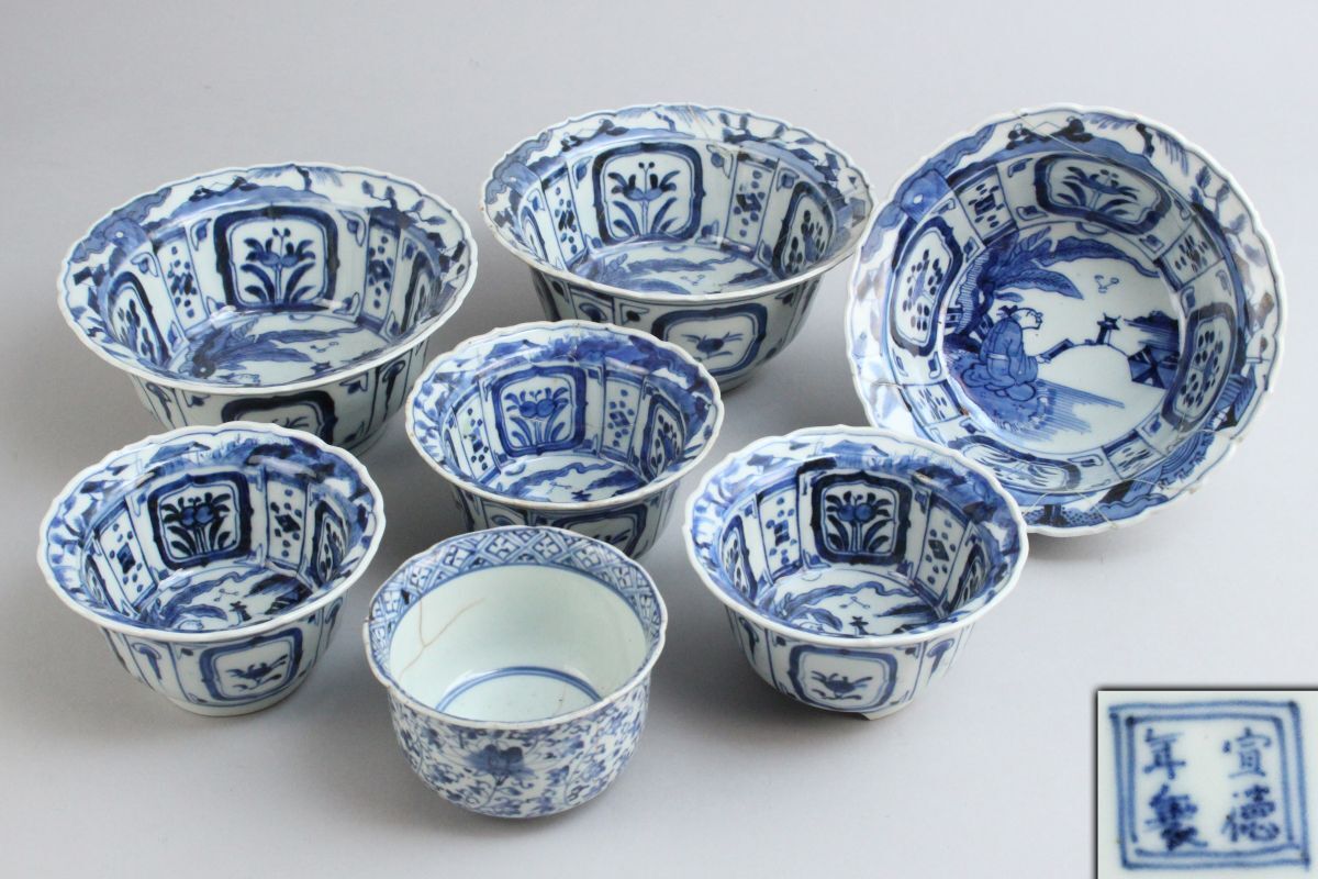 古伊万里染付芙蓉手向付5客 古美術 染付芙蓉手
