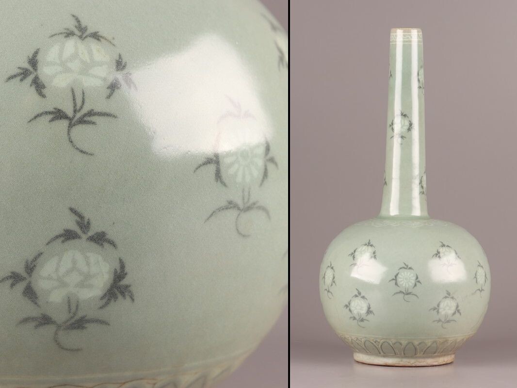 古美術 朝鮮古陶磁器 高麗青磁 白黒象嵌 花瓶 時代物 極上品 初だし品
