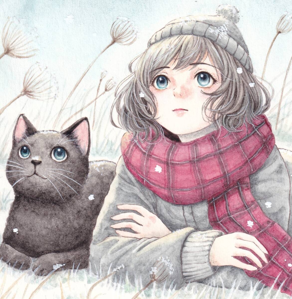手描きイラスト◇オリジナル『冬の夜、にゃんこと』 はがきサイズ